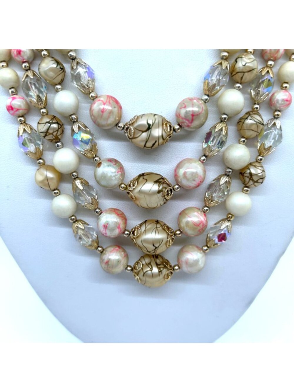 Vintage 4-Strand Japan Necklace Pink Swirl Beads Glass Acrylic Gold-Tone 1950s - Picture 3 of 16